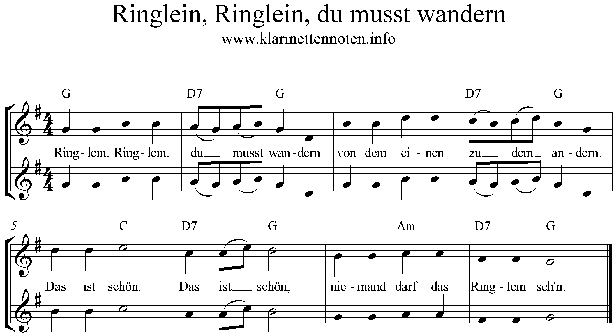 Noten Ringlein, Ringlein du musst wandern, stimmig, Duo, G-Dur